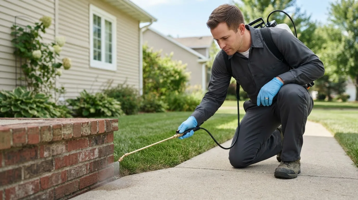 Pest control technician treating a home near Friendship, IN
