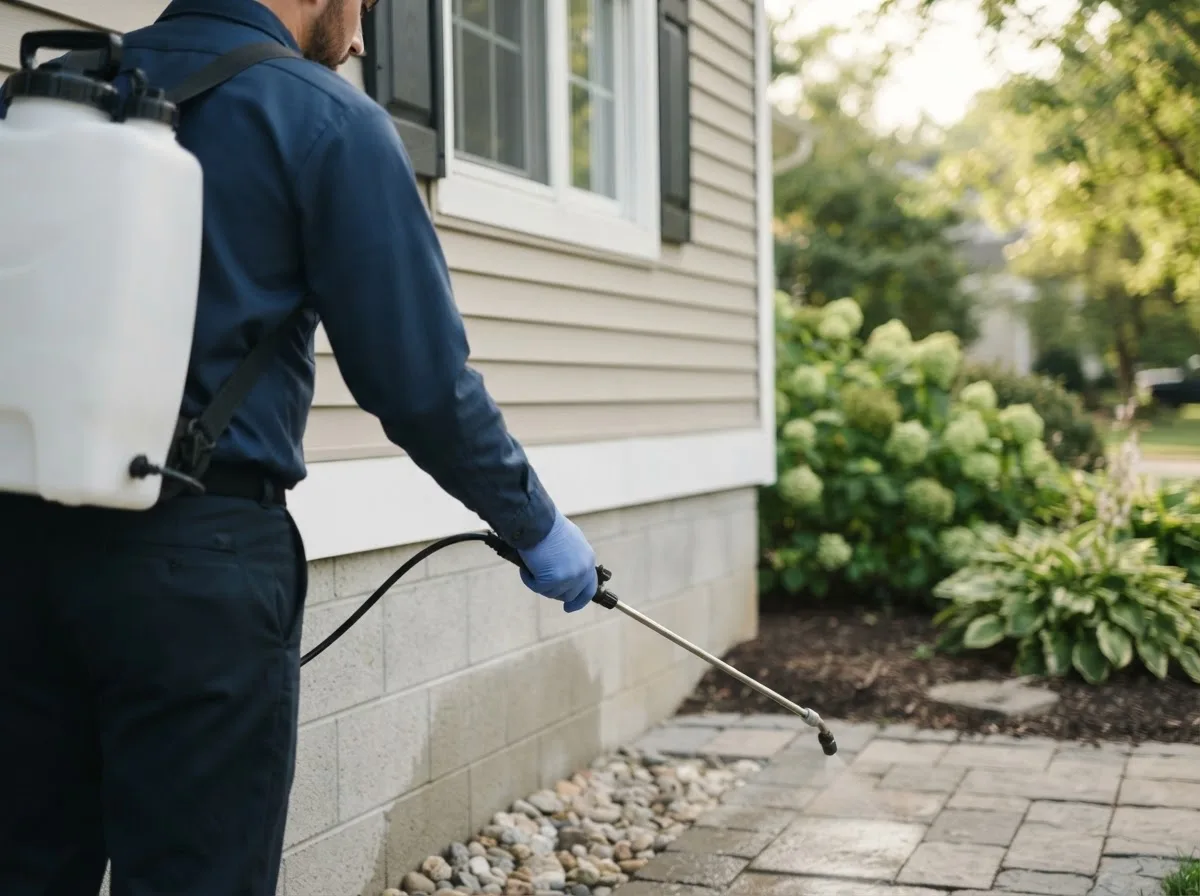 Pest control technician inspecting a home in Friendship, IN